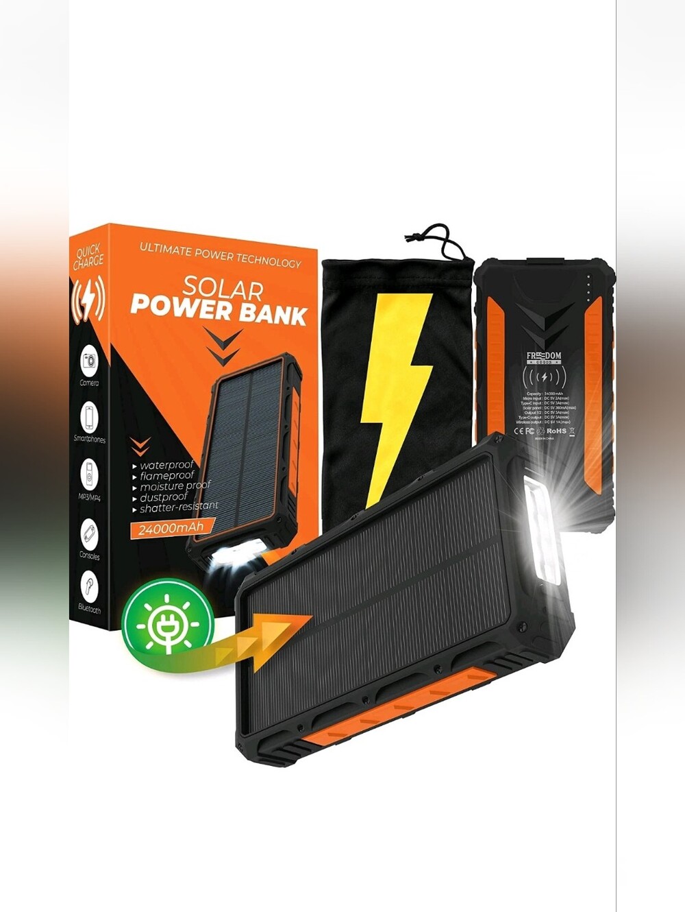 Freedom Goods Solar Power Bank Portable Solar Phone Charger Waterproof 24000 mah